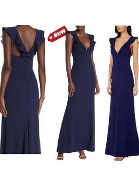 Lulu’s navy blue ruffle frill V neckline sleeveless pleated mermaid maxi dress M